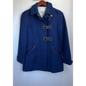 Sandro Buckle Coat Navy Blue Size 36 Parisian Chic Leather Trim Trench Jacket